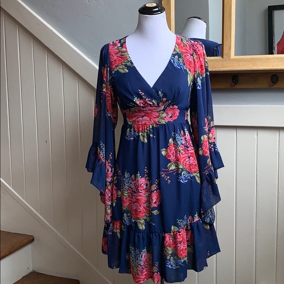 Betsey Johnson Dresses | Betsey Johnson Blue Floral Bell Sleeve Dress | Color: Blue/Pink | Size: 2 | Genevieverh's Closet